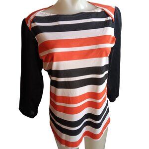 Medium Vintage 1970's Mod Blouse Striped Orange Black White Acetate T-shirt LS